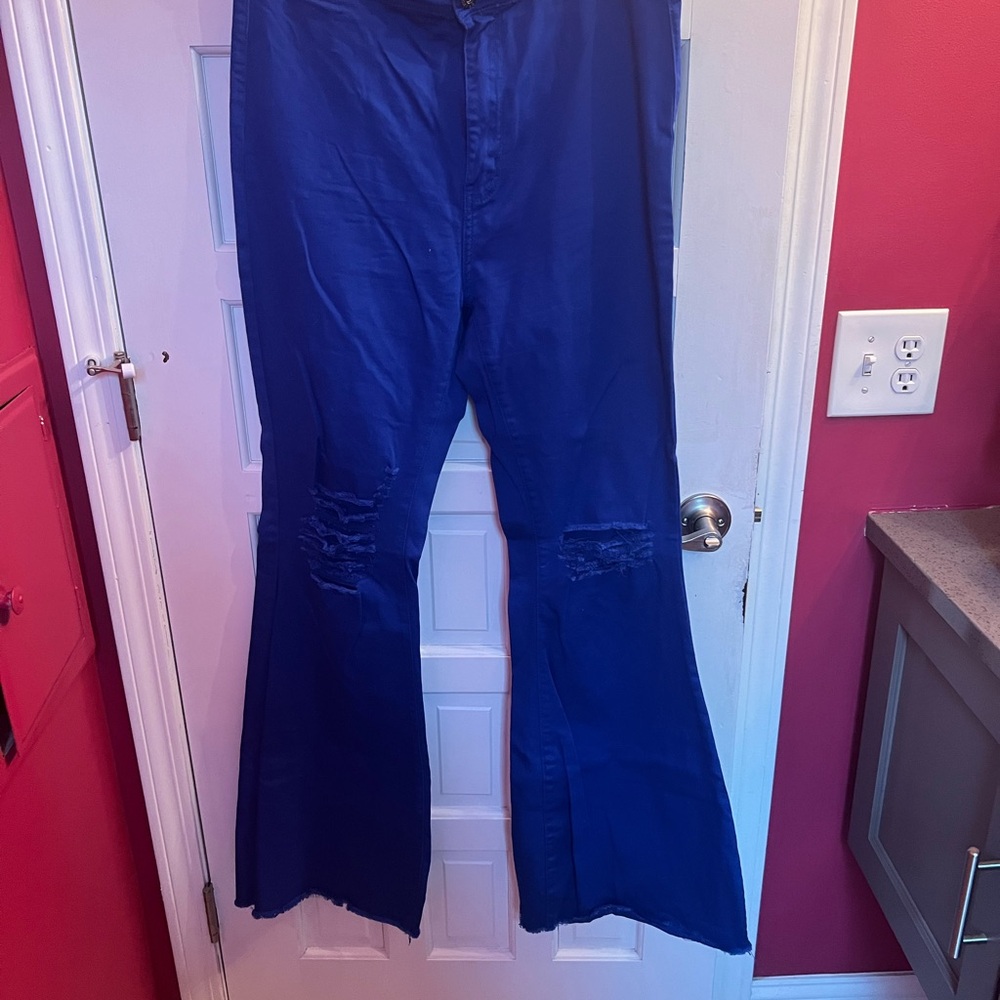 Royal Blue Distressed Flare Jeans